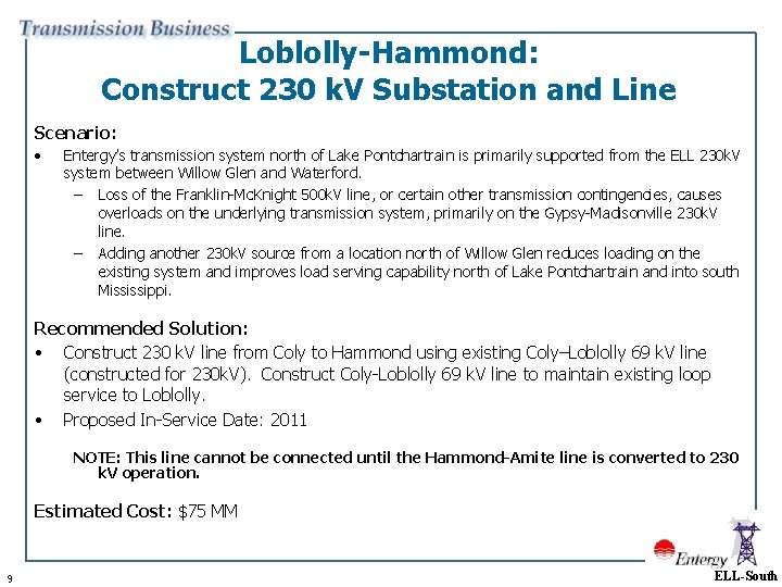 Loblolly-Hammond: Construct 230 k. V Substation and Line Scenario: • Entergy’s transmission system north