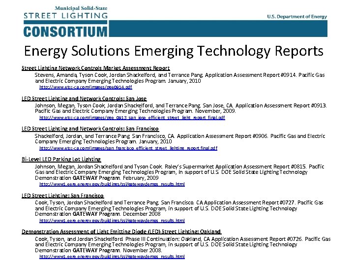 Energy Solutions Emerging Technology Reports Street Lighting Network Controls Market Assessment Report Stevens, Amanda,