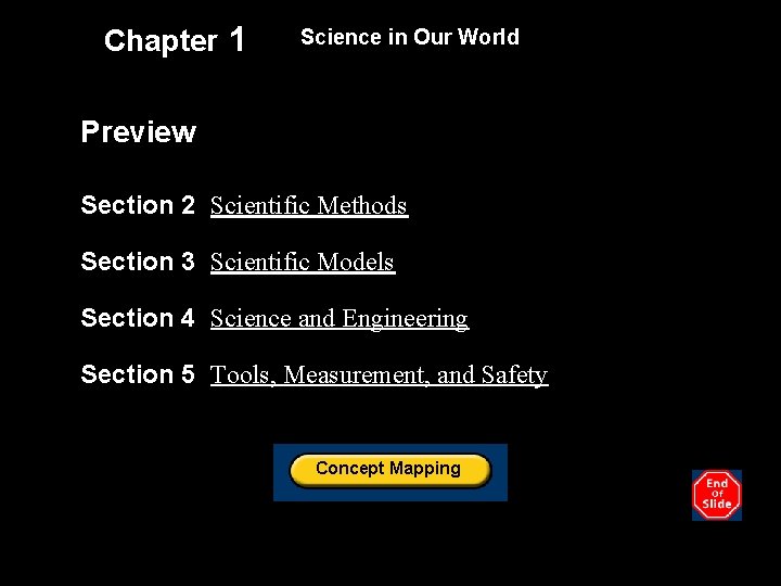 Chapter 1 Science in Our World Preview Section 2 Scientific Methods Section 3 Scientific