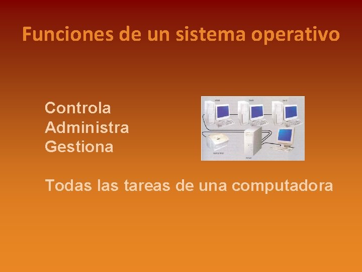 Funciones de un sistema operativo Controla Administra Gestiona Todas las tareas de una computadora