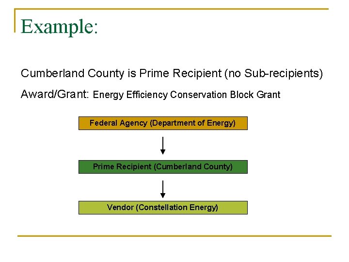 Example: Cumberland County is Prime Recipient (no Sub-recipients) Award/Grant: Energy Efficiency Conservation Block Grant Example: Cumberland County is Prime Recipient (no Sub-recipients) Award/Grant: Energy Efficiency Conservation Block Grant