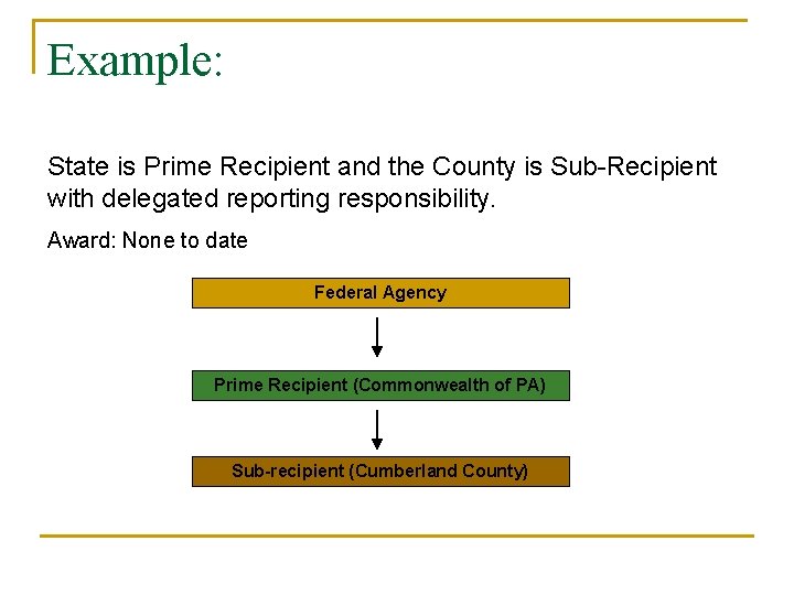 Example: State is Prime Recipient and the County is Sub-Recipient with delegated reporting responsibility. Example: State is Prime Recipient and the County is Sub-Recipient with delegated reporting responsibility.