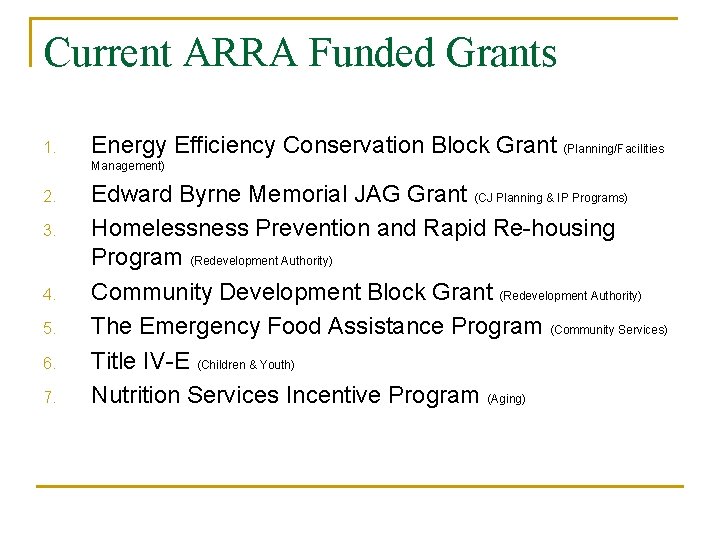 Current ARRA Funded Grants 1. Energy Efficiency Conservation Block Grant (Planning/Facilities Management) 2. 3. Current ARRA Funded Grants 1. Energy Efficiency Conservation Block Grant (Planning/Facilities Management) 2. 3.