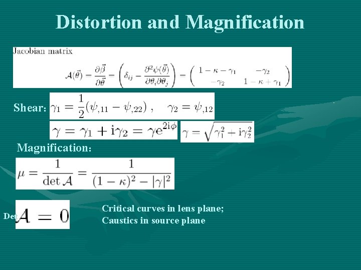 Distortion and Magnification Shear: Magnification: Det Critical curves in lens plane; Caustics in source