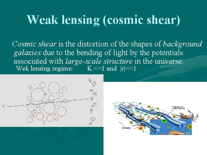 Weak lensing (cosmic shear) Cosmic shear is the distortion of the shapes of background