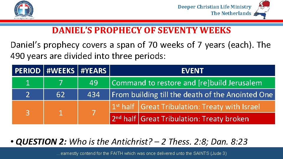 Deeper Christian Life Ministry The Netherlands DANIEL’S PROPHECY OF SEVENTY WEEKS Daniel’s prophecy covers