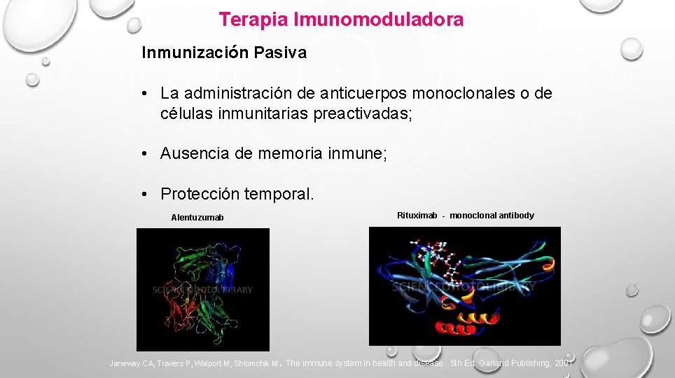 Terapia Imunomoduladora Inmunización Pasiva • La administración de anticuerpos monoclonales o de células inmunitarias