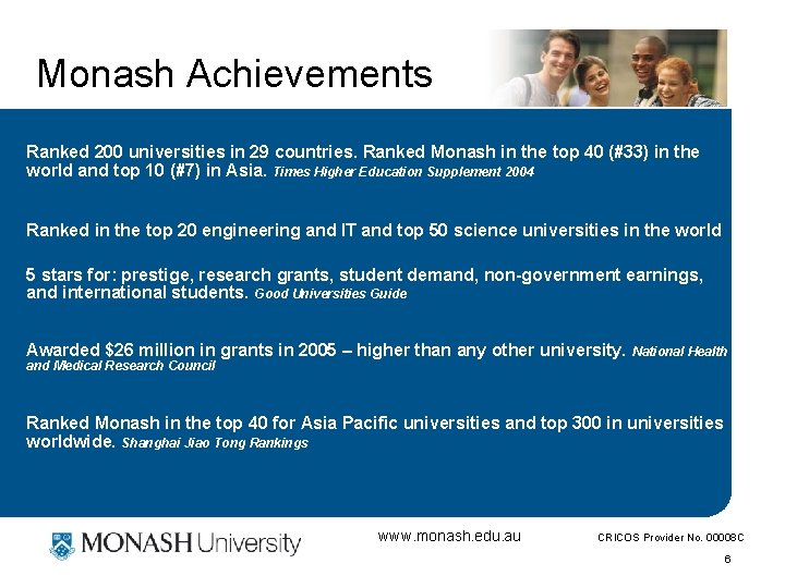 Monash Achievements Ranked 200 universities in 29 countries. Ranked Monash in the top 40