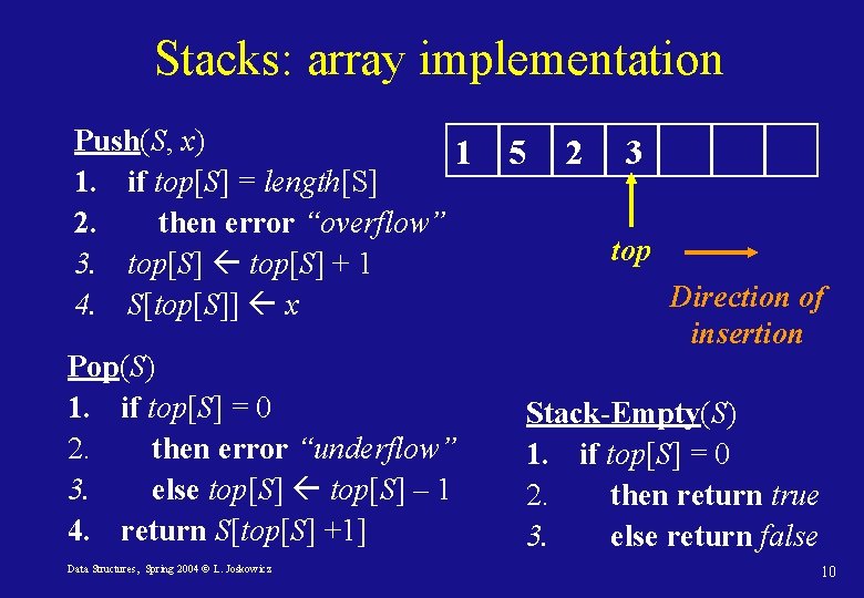 Stacks: array implementation Push(S, x) 1 1. if top[S] = length[S] 2. then error