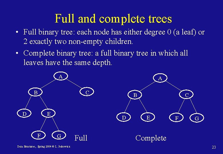 Full and complete trees • Full binary tree: each node has either degree 0