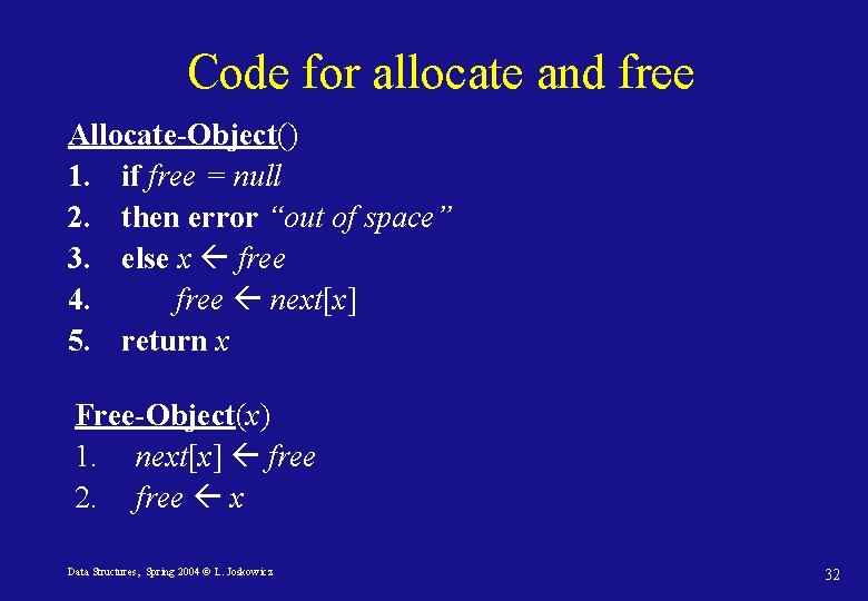 Code for allocate and free Allocate-Object() 1. if free = null 2. then error