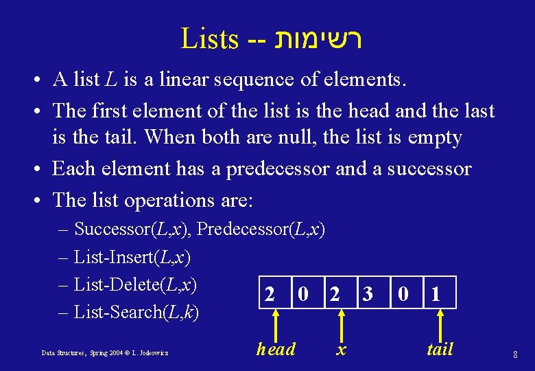 Lists -- רשימות • A list L is a linear sequence of elements. •