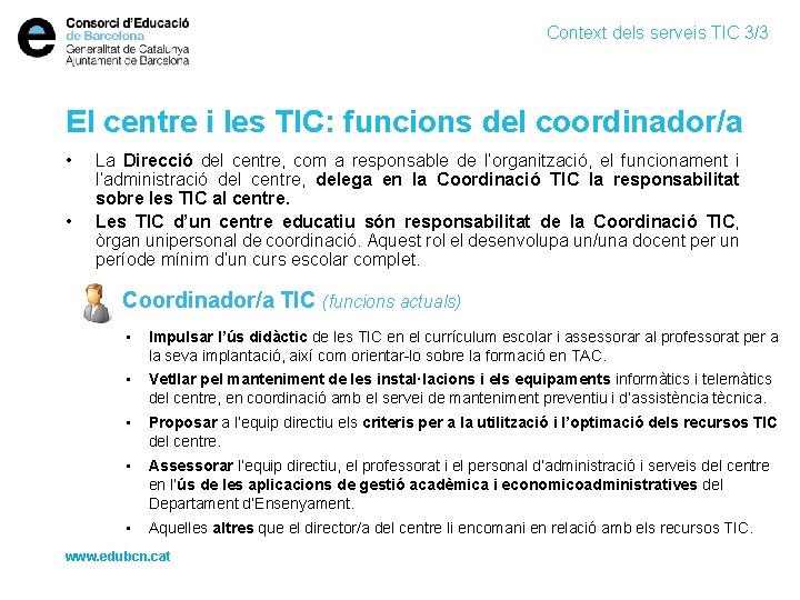 Context dels serveis TIC 3/3 El centre i les TIC: funcions del coordinador/a •