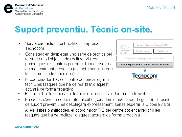 Serveis TIC 2/4 Suport preventiu. Tècnic on-site. • • • Servei que actualment realitza