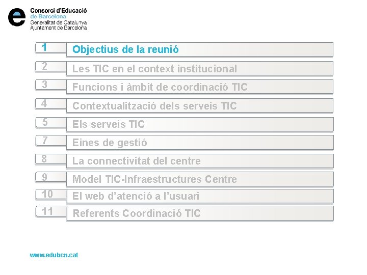 1 Objectius de la reunió 2 Les TIC en el context institucional 3 Funcions