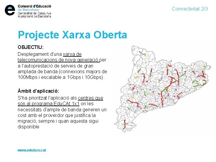 Connectivitat 2/3 Projecte Xarxa Oberta OBJECTIU: Desplegament d’una xarxa de telecomunicacions de nova generació