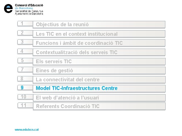 1 Objectius de la reunió 2 Les TIC en el context institucional 3 Funcions