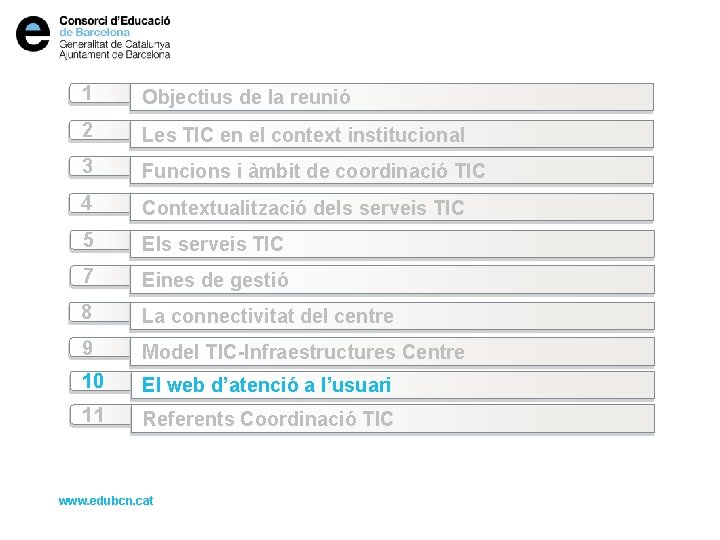 1 Objectius de la reunió 2 Les TIC en el context institucional 3 Funcions