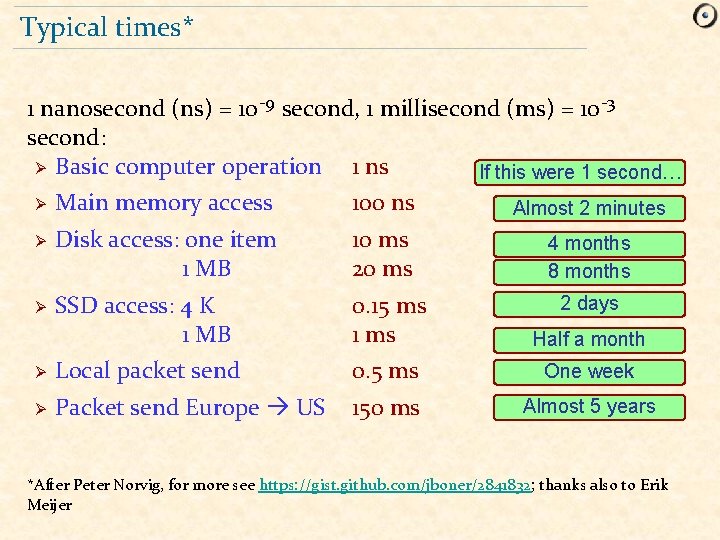 Typical times* 1 nanosecond (ns) = 10 -9 second, 1 millisecond (ms) = 10