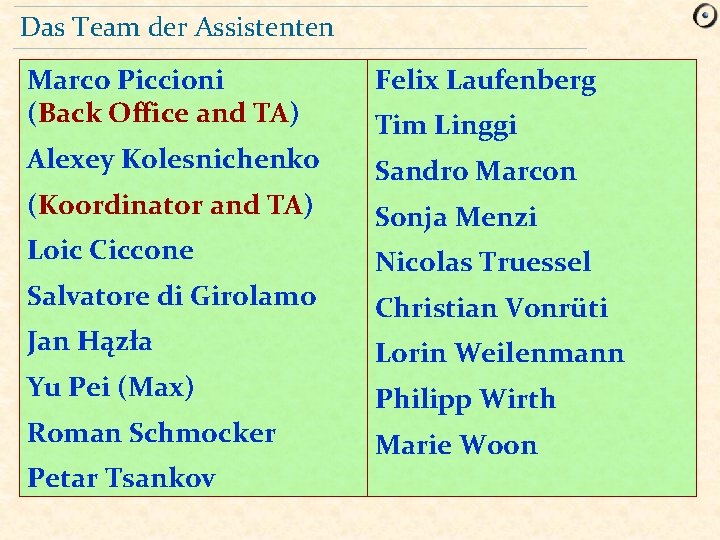 Das Team der Assistenten Marco Piccioni (Back Office and TA) Felix Laufenberg Alexey Kolesnichenko