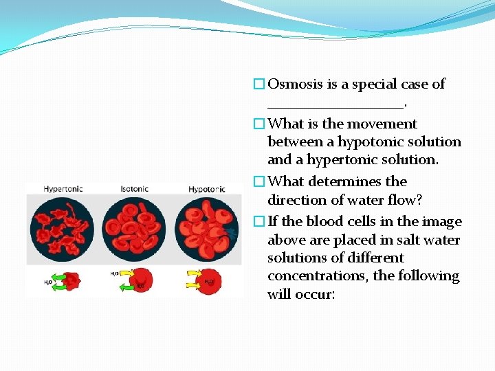 �Osmosis is a special case of _________. �What is the movement between a hypotonic