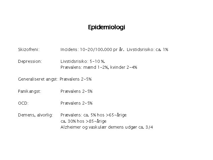 Epidemiologi Skizofreni: Incidens: 10 -20/100. 000 pr år. Livstidsrisiko: ca. 1% Depression: Livstidsrisiko: 5