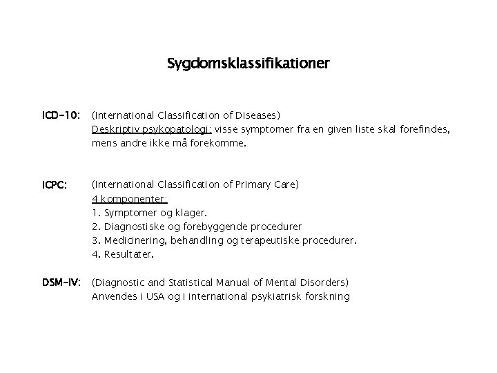 Sygdomsklassifikationer ICD-10: (International Classification of Diseases) Deskriptiv psykopatologi: visse symptomer fra en given liste