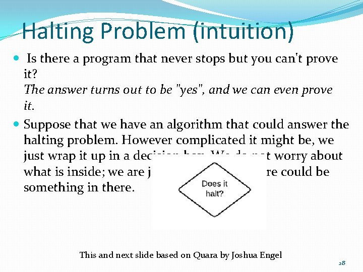 Halting Problem (intuition) Is there a program that never stops but you can't prove