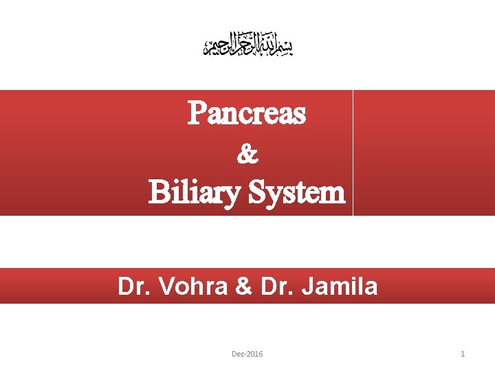 Pancreas & Biliary System Dr. Vohra & Dr. Jamila Dec-2016 1 