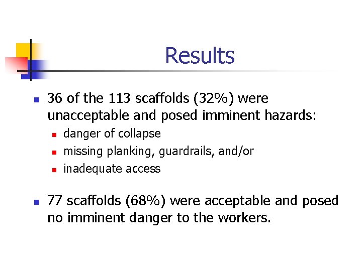 Results n 36 of the 113 scaffolds (32%) were unacceptable and posed imminent hazards: