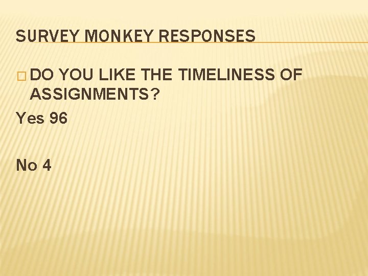 SURVEY MONKEY RESPONSES � DO YOU LIKE THE TIMELINESS OF ASSIGNMENTS? Yes 96 No