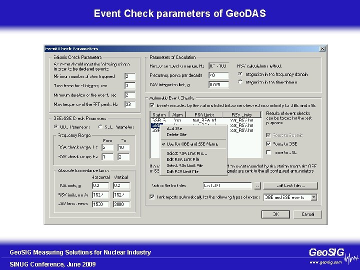 Event Check parameters of Geo. DAS Geo. SIG Measuring Solutions for Nuclear Industry SINUG