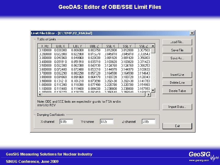 Geo. DAS: Editor of OBE/SSE Limit Files Geo. SIG Measuring Solutions for Nuclear Industry
