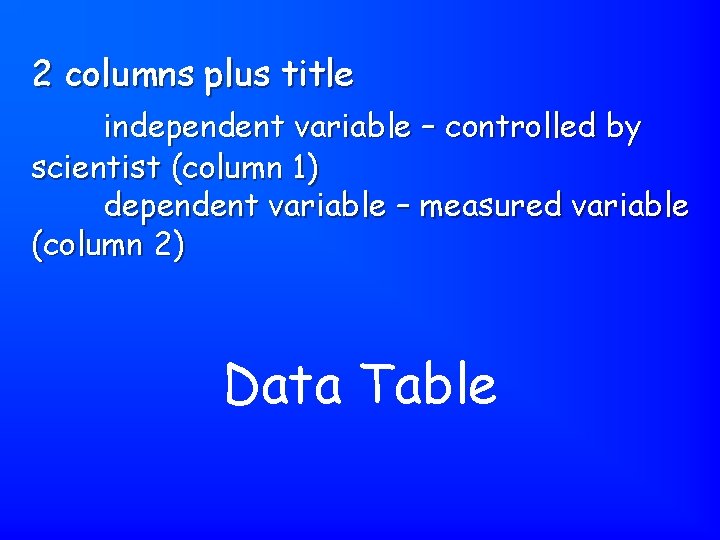 2 columns plus title independent variable – controlled by scientist (column 1) dependent variable