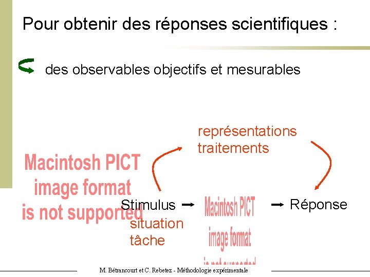 Pour obtenir des réponses scientifiques : des observables objectifs et mesurables représentations traitements Stimulus Pour obtenir des réponses scientifiques : des observables objectifs et mesurables représentations traitements Stimulus