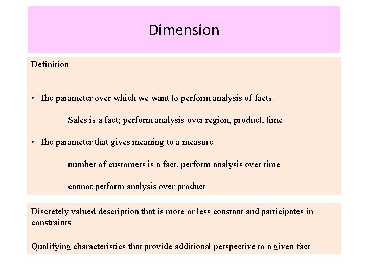 Dimension Definition • The parameter over which we want to perform analysis of facts