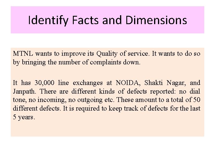 Identify Facts and Dimensions MTNL wants to improve its Quality of service. It wants