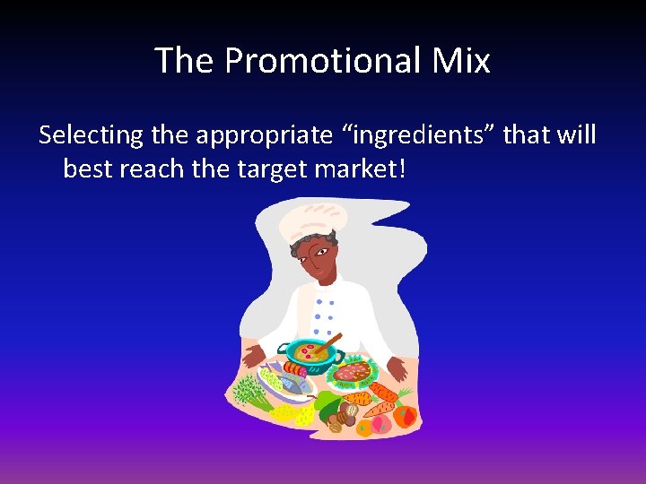 The Promotional Mix Selecting the appropriate “ingredients” that will best reach the target market!