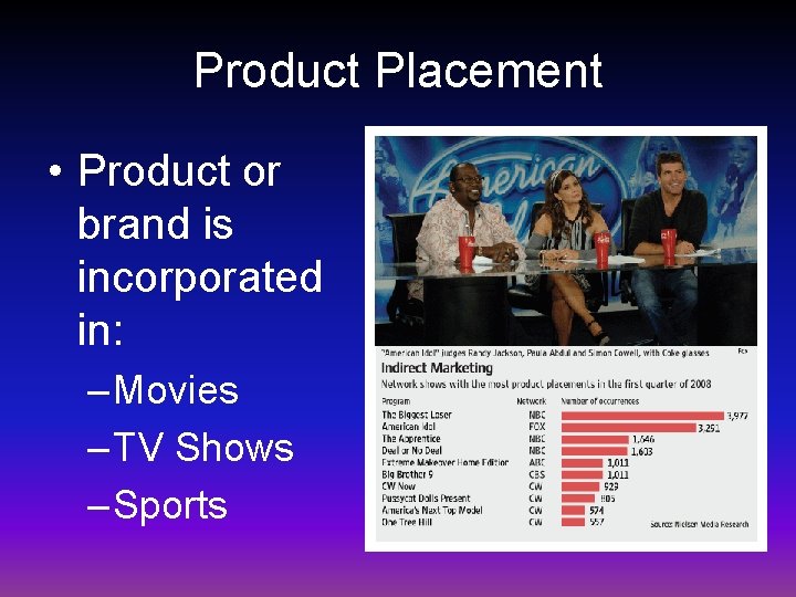 Product Placement • Product or brand is incorporated in: – Movies – TV Shows