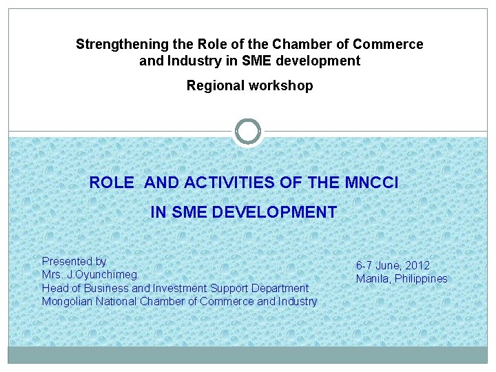 Strengthening the Role of the Chamber of Commerce and Industry in SME development Regional