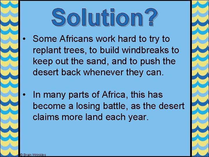 Solution? • Some Africans work hard to try to replant trees, to build windbreaks