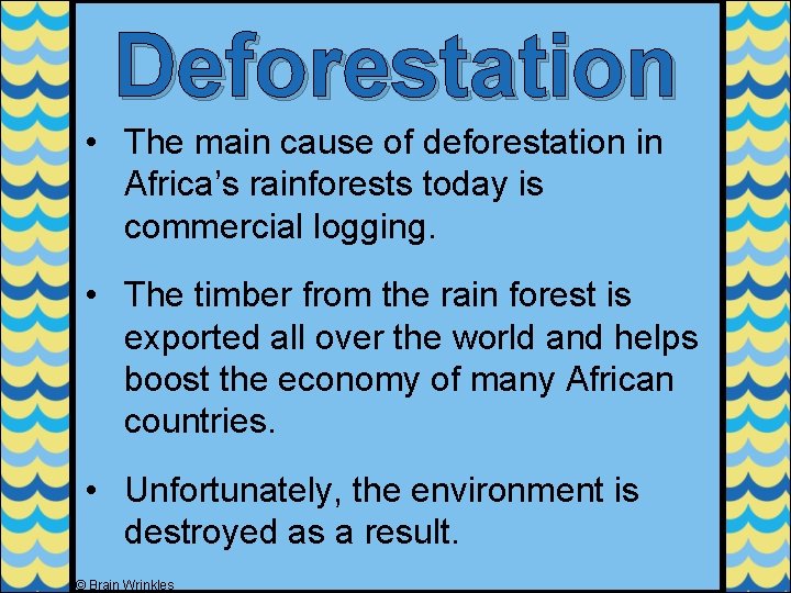 Deforestation • The main cause of deforestation in Africa’s rainforests today is commercial logging.