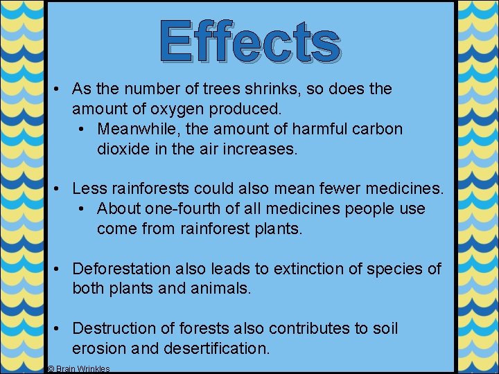 Effects • As the number of trees shrinks, so does the amount of oxygen