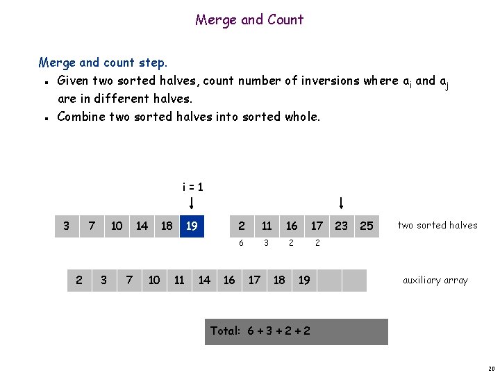 Merge and Count Merge and count step. Given two sorted halves, count number of