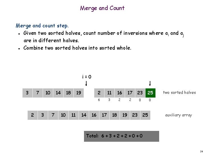 Merge and Count Merge and count step. Given two sorted halves, count number of