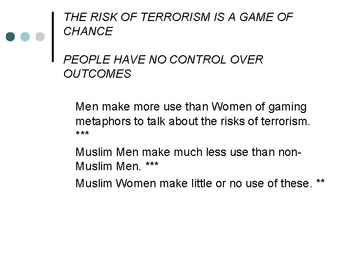 THE RISK OF TERRORISM IS A GAME OF CHANCE PEOPLE HAVE NO CONTROL OVER