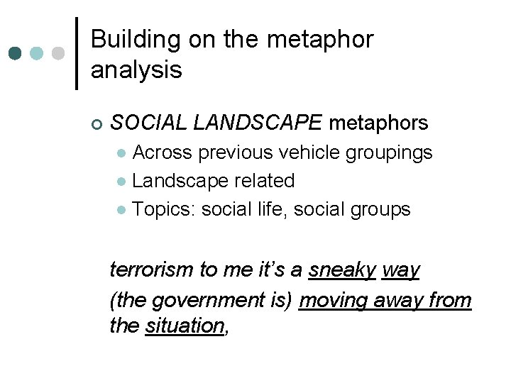 Building on the metaphor analysis ¢ SOCIAL LANDSCAPE metaphors Across previous vehicle groupings l