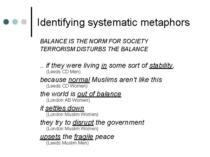 Identifying systematic metaphors BALANCE IS THE NORM FOR SOCIETY TERRORISM DISTURBS THE BALANCE .