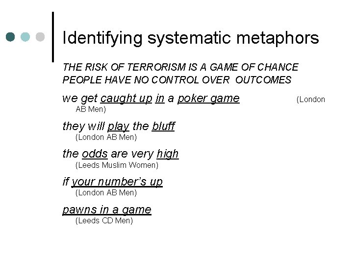 Identifying systematic metaphors THE RISK OF TERRORISM IS A GAME OF CHANCE PEOPLE HAVE