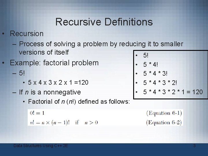 Recursive Definitions • Recursion – Process of solving a problem by reducing it to